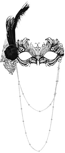 Flonge Feather Costume Ball Mask: Black Flower Feather Masquerade Masks Halloween Mardi Gras Mask With Bead Chains Decoration