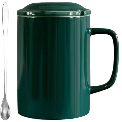 NIUKOMY Taza de Café Jumbo 1000 ml, Taza de Té Extragrande 1L, Mug Muy Grande XXL con Cuchara y Tapa de Cerámica para Oficina y Hogar, Verde Oscuro