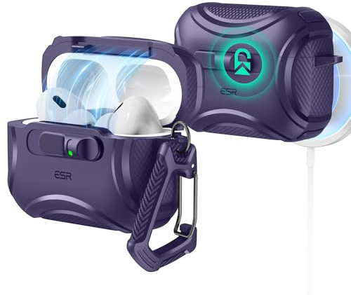 ESR Hülle für AirPods Pro 3, MagSafe kompatibel, Sturzsicherer Verschluss | Kompatibel mit AirPods Pro 3 USB-C (2025), mit einer Schutzhülle mit Sicherheitsschloss, Cyber FlickLock Serie, Lila