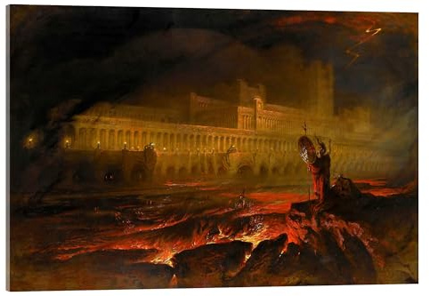 Posterlounge Pandemonium Tableau en verre acrylique de John Martin 100 x 70 cm Rouge Tableaux Décoration murale