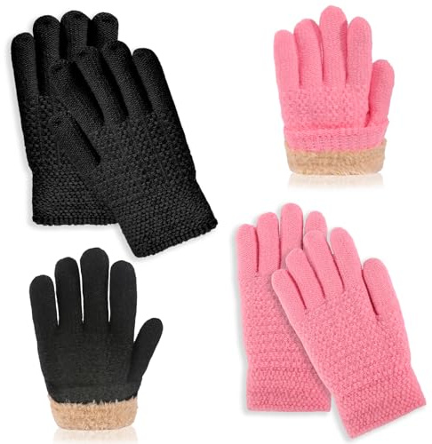 GOSHIES barn varma stretch stickade handskar med tjockt fleecefoder 2 par fingerhandskar barnhandskar vinter för pojkar och flickor i åldern 6 till 12 år