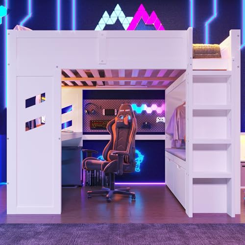Kelodan Cama alta Gaming 140 x 200, cama con escritorio, con luces LED, 1 puerto USB, 1 tipo C, escalera, cajón, tendedero, sin colchón, blanco