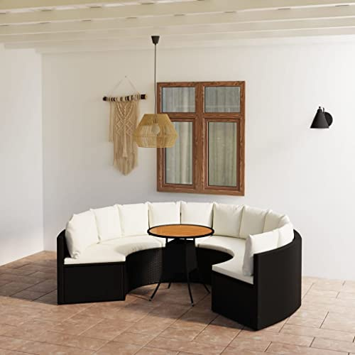 Qnhdfrt Ensemble de 7 canapés de jardin en polyrotin noir avec table ronde en bois d'acacia de 70 cm, coussins blanc crème, cadre en acier, design en forme d'éventail pour balcon, terrasse et jardin