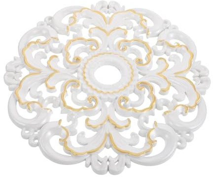 WESIEVYA Médaillon de Plafond Sculpté Style Européen en Faux Plâtre, Rosace Ronde Ornée Blanc Nacré Rehauts Dorés, Plaque Décorative pour Plafonnier et Ventilateur de Plafond, Décoration
