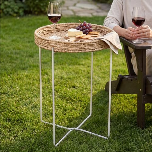 Mai & Mai Beistelltisch rund Ø37×H55 cm, Couchtisch klein Weiß | Balkontisch mit abnehmbarem Tablett aus Papierkordel, Sofatisch für Wohnzimmer, Schlafzimmer und Balkon, Reglo-08
