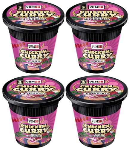 Yumsu Chicken Curry Flavour Cup Noodles 4 Pack – 4 x 60g Instant Curry Noodle Cups – Spiced Chicken Curry Style Noodles – Includes Gifty Goodness Shopping List