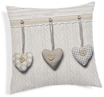 Coppia Cuscini Arredo Imbottiti In 100% Cotone Fantasia Cuore Appeso 40x40 cm Beige