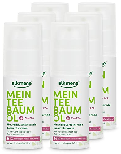 alkmene Mein Teebaumöl Gesichtscreme 6x 50 ml Pickel Reduktion 91% bestätigt - Naturreines Teebaumöl, vegan & klimaneutral - 24h Feuchtigkeitspflege für unreine Haut - Teebaumöl Creme für Pickel