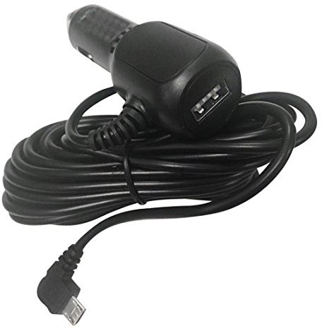 Car Charger with USB Port-Amacam CC9. Long Cable 3.5 Metres with Left Angle Micro USB Connector. Suitable For Dash Cameras Sat Navs Tom Toms and Other Android Devices. Premium Power Charging Lead.