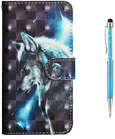 Grandoin Galaxy J7 2017 Hülle, Handyhülle im Brieftasche-Stil für Samsung Galaxy J7 2017 Handytasche PU Leder Flip Cover 3D Bunte Muster Book Case Schutzhülle (Wolf)