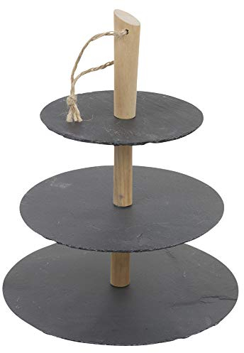 3 Tier Natural Slate Etagere Cake Food Stand Multi Layer Display Rack Boards with Wooden Handle - Rustic Style Tea Serving Centerpiece Platter