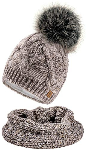 4sold Frauen Damen Mütze Pom Pom Warm Winter Natürlich Wolle Alpaka Futter Micropolar - Set Beige