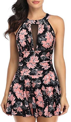 FLYILY Women's One Piece High Waist Swimdress Tummy Control Swimsuit with Shorts Retro Beachwear Halterneck Swimwear(Flower,L)