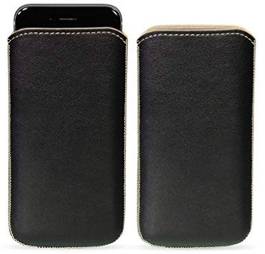 MediaDevil iPhone 12 Mini (5.4) Leather Pouch Case with Pull-Tab (Black/Cream) - Artisanpouch