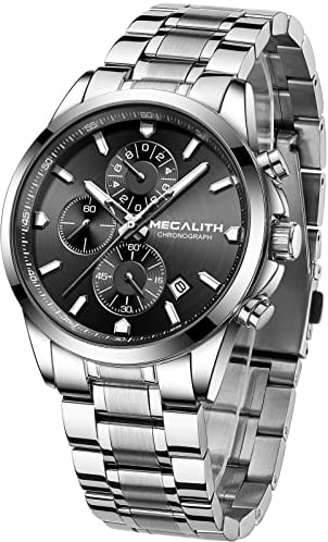 MEGALITH Herrenuhr Silber Edelstahl Chronographen Armbanduhr Herren Wasserdicht Analog Uhr Herren Klassisch Business Designer Uhren fur Männer Schwarz Lässig Datum Leuchtend Geschenke für Männer
