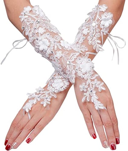 Acenail Fingerlose Spitzenhandschuhe, Blumenmuster, lang, elfenbeinfarben, Hochzeitshandschuh für Bräute, B, Einheitsgröße