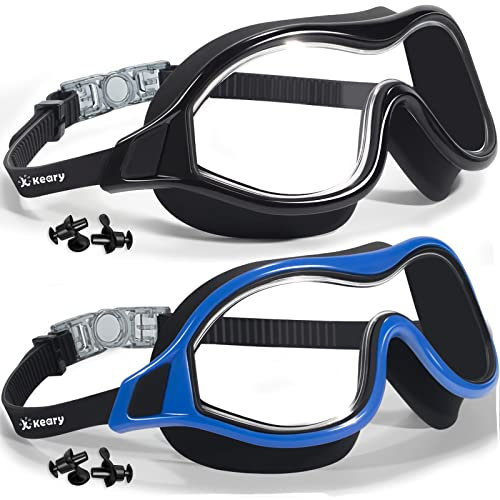 Keary Paquete de 2 gafas de natación antivaho para adultos, hombres, mujeres y jóvenes, protección UV, espejo sin fugas, marco grande, visión transparente, gafas de agua para piscina, máscara