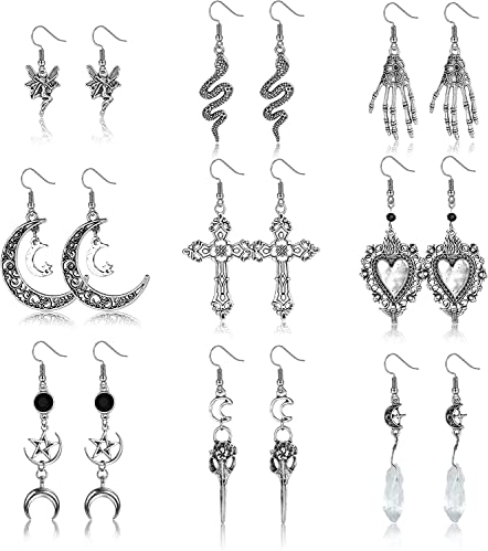 MILACOLATO Gothic Ohrringe für Damen - Vintage Grunge Retro Silber Goth Punk Rock Schlange Böser Blick Herz Baumeln Fee Skelett Schwert Sonne Mond Ohrringe Halloween Schmuck