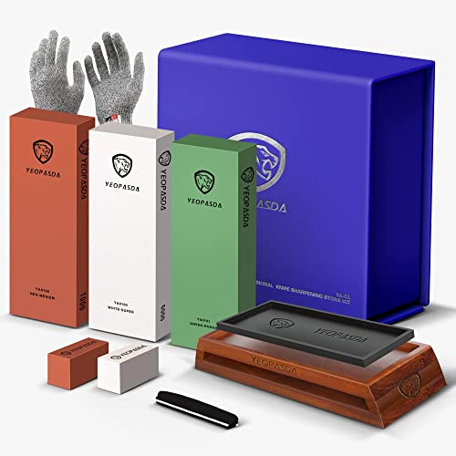 YEOPASDA Kit de piedra afiladora de cuchillos extra grande, grano de 3 lados más grueso, piedra húmeda 400/1000/6000, juego de piedra afiladora de cuchillos con base de madera antideslizante, guía de