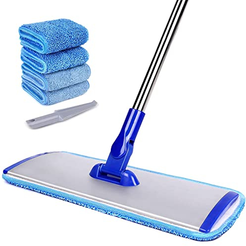 Mopa de Microfibra Profesional de 18 Pulgadas, trapeador Plano con Mango de Acero Inoxidable, 4 Almohadillas Reutilizables Lavables y Cepillo de fregona, mopa de Microfibra para Madera Dura (fregona