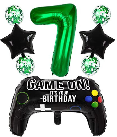 Liitata Video Game 7th Birthday Decorations for Boys Gaming Party Decorations Set for Gamers Green Number 7 Foil Balloon Large Game Controller Balloon for Boy Birthday Motto Party