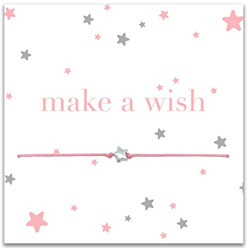 Selfmade Jewelry Armband Damen Stern Silber Handgemachtes Makramee-Armkettchen mit Sternchen Größenverstellbar make a wish auf Geschenk-Karte (Lachs)