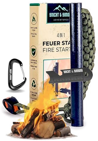 SNICHT & SIMONS Feuerstahl XXL 120mm Länge, 12mm Dicke- Mächtiger Feuerstein - Feuerstarter mit extrem starkem Funkenflug für alle Wetterbedingungen! Inklusive Paracord Set, Karabiner, Notfallpfeife.