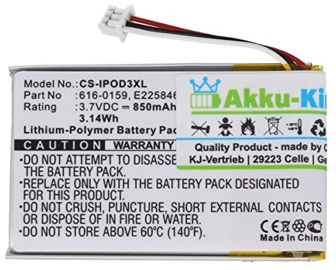 Akku kompatibel mit iPod 616-0159 - Li-Polymer 850mAh - für iPod 3. Generation, iPod 10GB M8976LL/A, 15GB M9460LL/A, 20GB M9244LL/A, 30GB M8948LL/A, 40GB