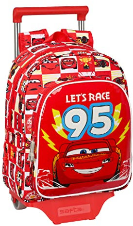CARS Let's Race - Mochila Infantil con Carro Safta 705, Ideal para Niños de Diferentes Edades, Cómoda y Versátil, Calidad y Resistencia, 27x10x33 cm, Color Blanco y rojo