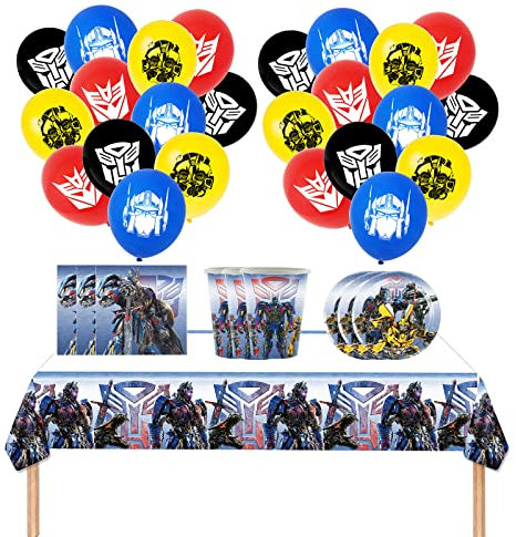 Dinoeye Transformers Geburtstag Party Deko mit Optimus Prime - Rot, Blau, Schwarz - Cartoon Muster - Luftballons, Tischdecke, Teller, Becher, Servietten