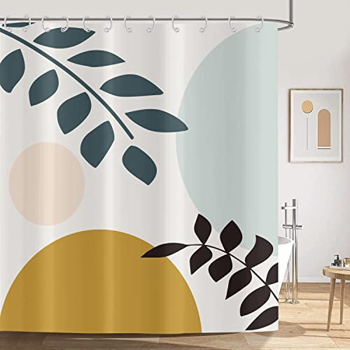 ASDCXZ Duschvorhang Boho 180x220 cm, Modern Abstrakt Kunst Boho Style Minimalismus Blätter Sonne Halbkreis Waschbar Duschvorhänge Textil Wasserdicht Duschvorhang für Badewanne mit 12 Haken