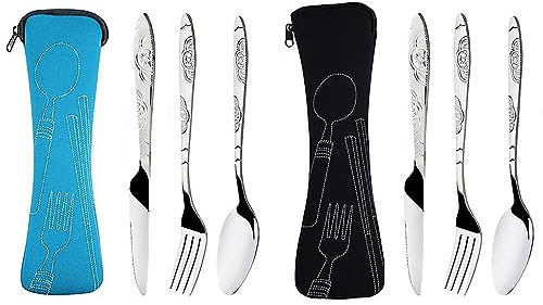 Tiardey 2PCS Cubiertos de Viaje Juego de Cubiertos portátiles con Estuche Cubiertos para el Trabajo Escuela Camping Picnic Viajes - Azul Negro