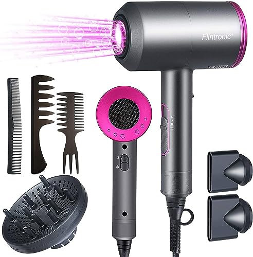 Flintronic1500W Powerful Ionic Dryer, Hair Dryer with Diffuser & Concentrator, 2 Speed 3 Heat Settings, Fast Dry for Multi Women Man Hairstyles (3 Nozzles&3 Comb Included)