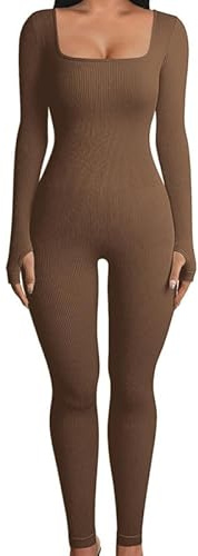 Rongseng Mono Deportivo Mujer Manga Larga Ajustado Jumpsuit de Cuello Cuadrado Mono Yoga Bodycon Traje de Una Pieza Elásticos Body Overol Mallas Push up Pantalones Color Sólido Largos Romper