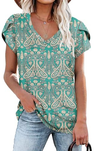 NARRAME Camisetas de Mujer para Verano, Camisetas de Manga Corta, Cuello en V para Mujer Paisley Floral Boho Verde Small S 34-36