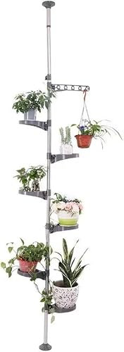 KLUFO 7-Tier Indoor Plant Pole Spring Tension Rod Expandable Flower Pots Display Rack Stand Hanger Metal Corner Storage Shelf, Grey