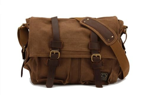 Sechunk Schultertasche Vintage Leder Umhängetasche Canvas Laptop Tasche Retro Messenger Taschen (Kaffee, Klein-13‘’)