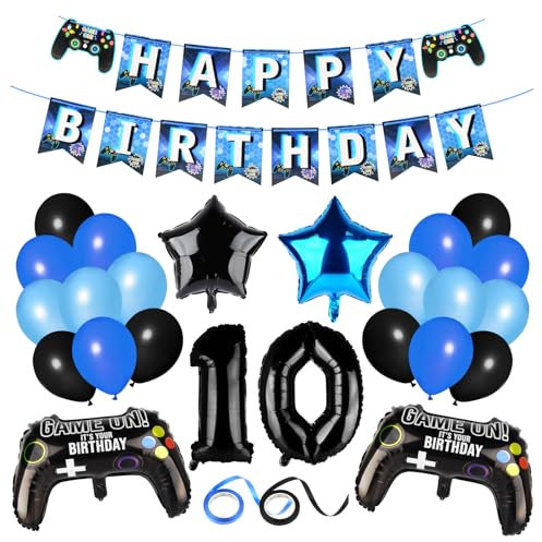 Gaming Party Decorations Black Happy Birthday Banner Game Controller Balloons Black Green Balloons for Kids Teenagers Party Supplies (10th Birthday)
