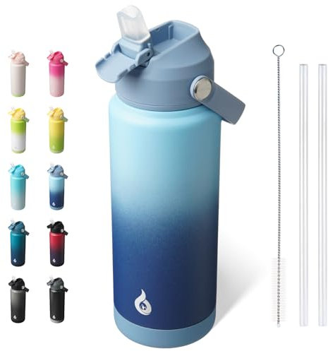 BJPKPK Water Bottle with Straw Lid, 24oz Vacuum Insulated Water Bottles, Metal Stainless Steel Thermos for Sports, Travel, BPA Free Leak Proof Thermos, Cups, Flasks, Tumblers,Sky