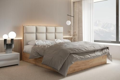 TRADA Boxspringbett 140x200 cm mit Taschenmatratze, Selva, Weiß | Boxspringbett mit Holzelemente und Bettkasten, mit Holzelemente