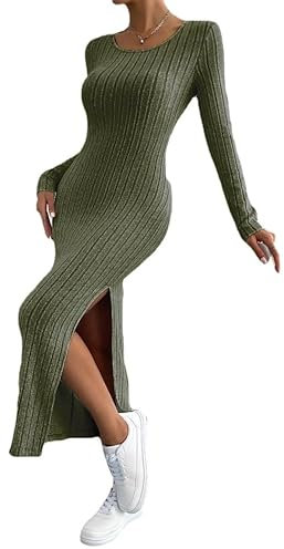Damen Langarm Rechteckiger Ausschnitt Maxi Sommerkleid Lange Runde Kragen Schlitz Loser Pullover Casual Rundhalsausschnitt Swing Tiered Beach (Army Grün,4XL)