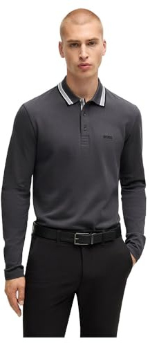 BOSS Mens Long Sleeve Polo Shirt Lifestyle Cotton Dark Grey XXL