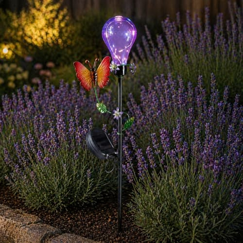MARELIDA LED Solar Gartenstecker Glühbrine mit Schmetterling Beetstecker mit Erdspieß für Garten Balkon Solarspieß Solarleuchte Gartendekoration Solarlampe 84cm