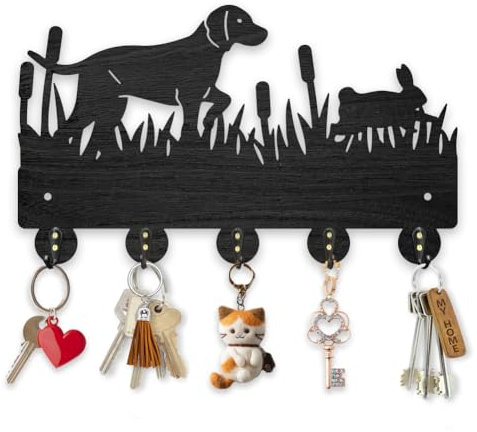 MAYJOYDIY Holz Hunde Kaninchenmotiv Garderobenständer Wandhalterung Schilfgrasland Schlüsselhänger 30×17.7cm Schwarzer Wand Schlüsselhalter Organizer 5 Legierung Haken Für Schlafzimmer Küche Büro