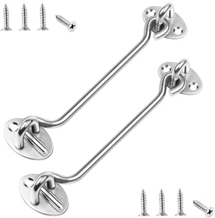 Yoolly Hook and Eye Latch, 2pcs Silver Gate Hook Stainless Steel Cabin Hook with Mounting Screws, Heavy Duty Swivel Latch Lock for Window, Sliding Door, Shed Gate, Bedroom and Bathroom (6 Inch)