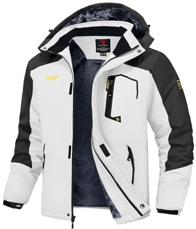 Rdruko Skijacke Herren Warme Winterjacke Gefüttert Verdickt Softshelljacke Wasserdicht Snowboardjacke Atmungsaktiv Funktionsjacke mit Abtrennbarer Kapuze(Schwarz Und Weiß, XL)