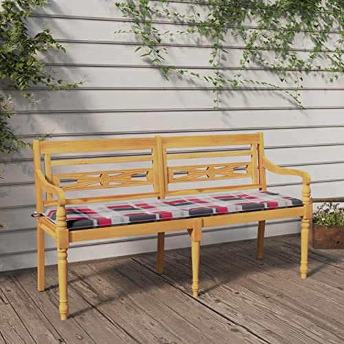 ZEYUAN Batavia-Bank mit Kissen, Gartenbank, Bank Garten, Sitzbank Garten, Gartenmöbel, Parkbank, Sitzbank Outdoor Wetterfest, Außenbank, Rot Karomuster 150 cm Massivholz Teak