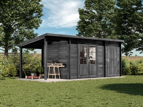 Alpholz Pultdach Gartenhaus Maria mit Anbau & Schleppdach Gartenhaus aus Holz in Grau, Holzhaus inklusive Schleppdach, Blockbohlenhaus, 40 mm Wandstärke