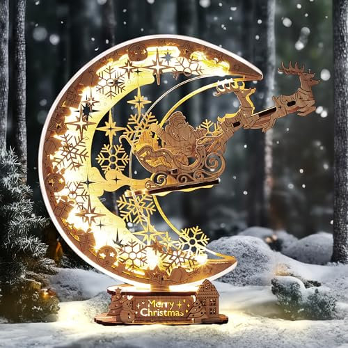 FUNPOLA LED Puzzle 3D in legno Natale Notte Volo Luna Lampada, Kit fai da te Luce notturna festiva per decorazioni natalizie, Regalo di Natale unico per adulti e bambini (Marrone)