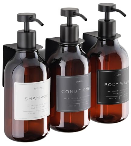 Shampoo & Conditioner Dispenser - Shower Soap Dispenser Wall Mounted - Set of 3 500 ml Plastic Bottles with Pump & Holder - Shampoo Dispenser - Shower Dispenser Chamber No Drill (3 X Amber/Black)